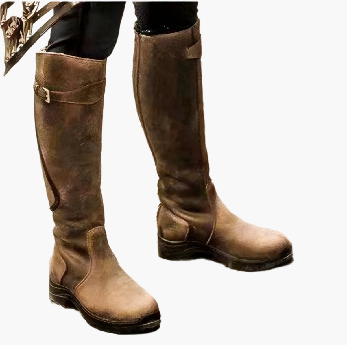 Women's tall riding boots with buckle straps, panelled shafts and flat textured soles