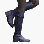 Women's tall riding boots with buckle straps, panelled shafts and flat textured soles