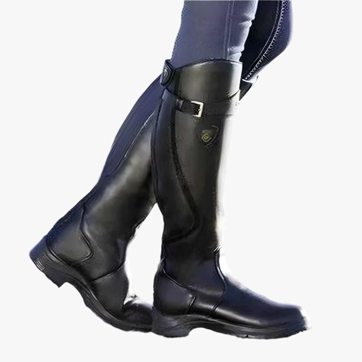 Women's tall riding boots with buckle straps, panelled shafts and flat textured soles