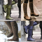 Women's tall riding boots with buckle straps, panelled shafts and flat textured soles
