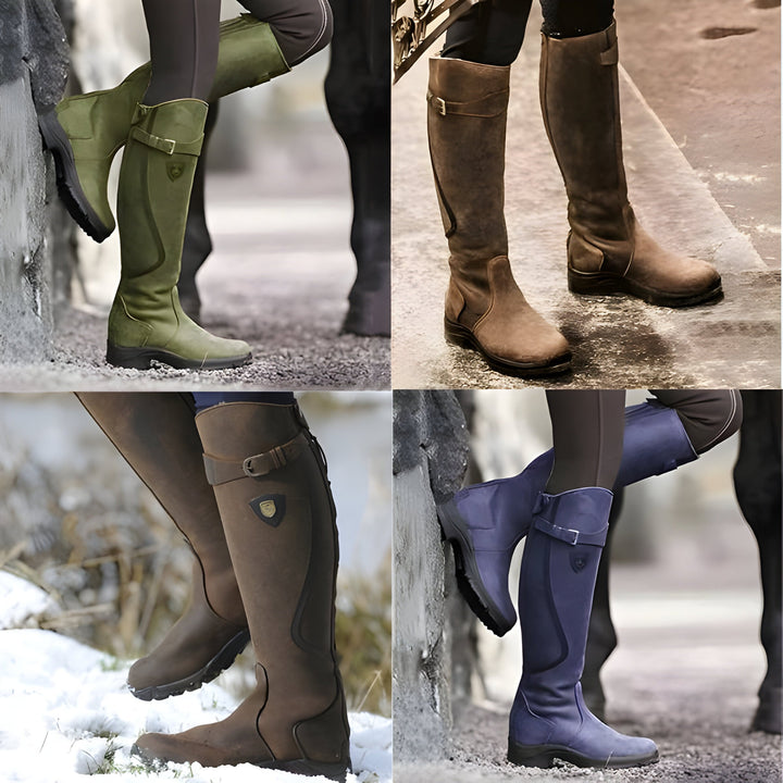 Women's tall riding boots with buckle straps, panelled shafts and flat textured soles