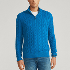 Men's cable knit quarter-zip mock neck sweater with long sleeves