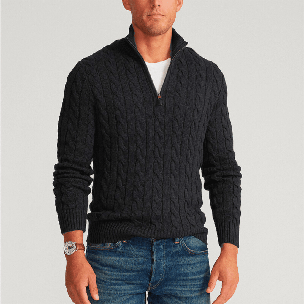 Men's cable knit quarter-zip mock neck sweater with long sleeves
