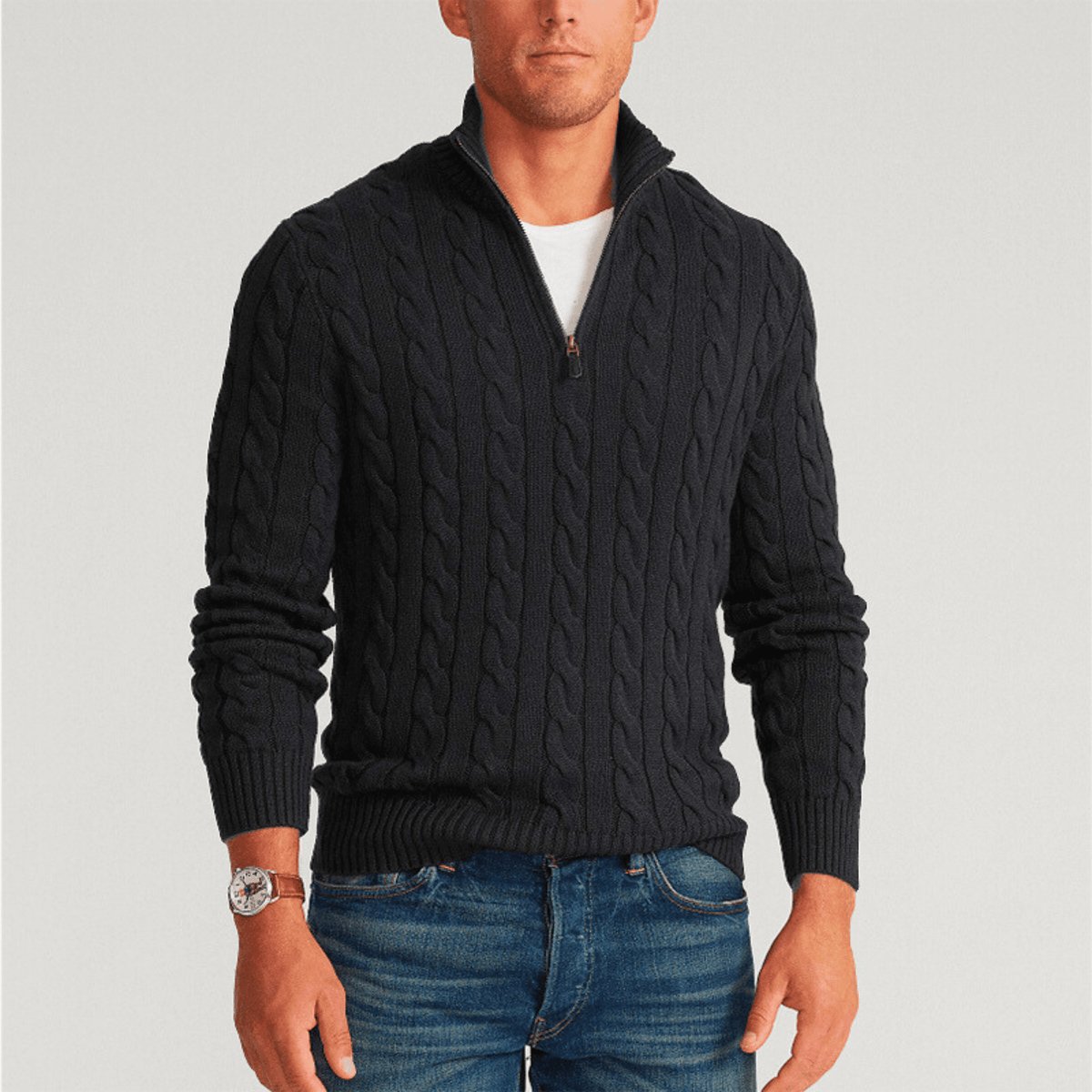 Men's cable knit quarter-zip mock neck sweater with long sleeves