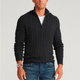 Men's cable knit quarter-zip mock neck sweater with long sleeves