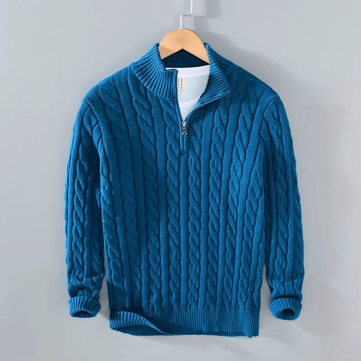 Men's cable knit quarter-zip mock neck sweater with long sleeves