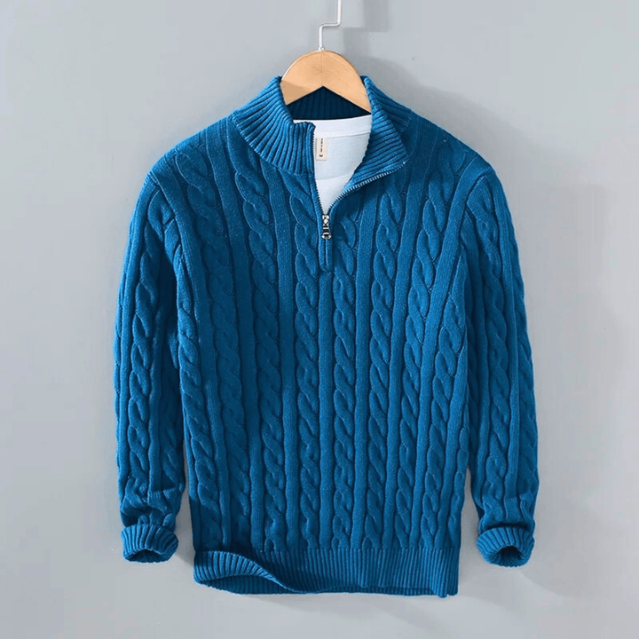 Men's cable knit quarter-zip mock neck sweater with long sleeves