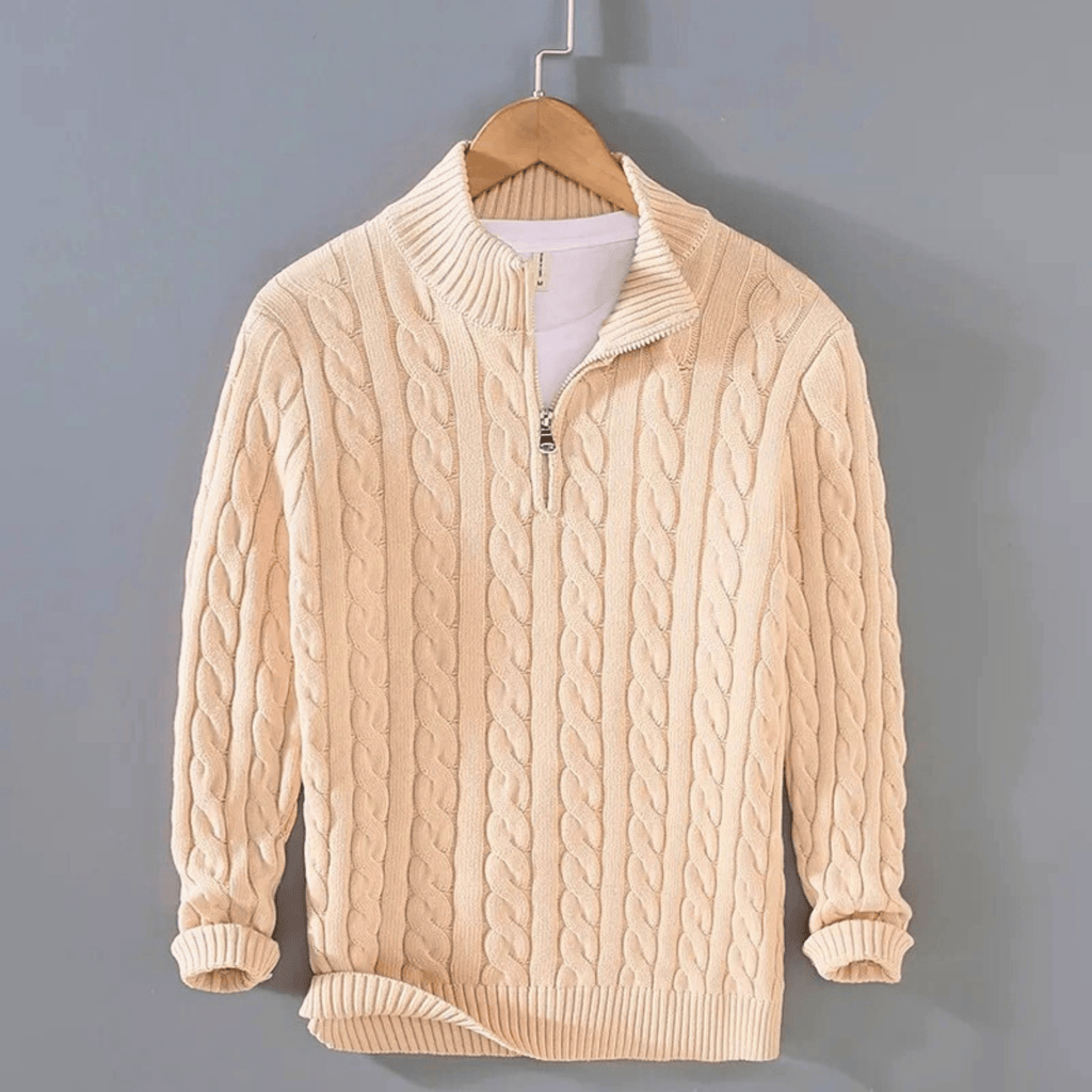 Men's cable knit quarter-zip mock neck sweater with long sleeves