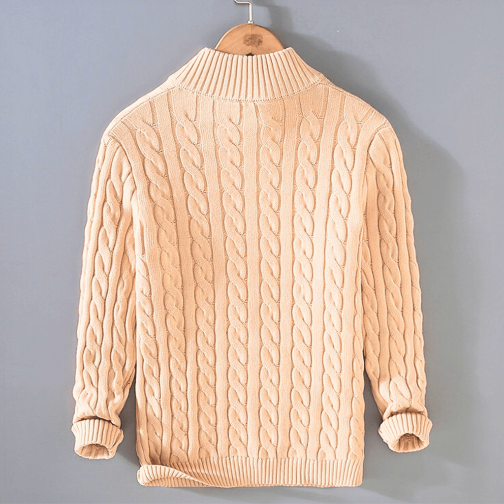 Men's cable knit quarter-zip mock neck sweater with long sleeves