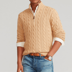 Men's cable knit quarter-zip mock neck sweater with long sleeves