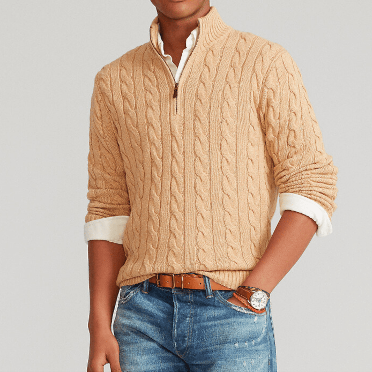 Men's cable knit quarter-zip mock neck sweater with long sleeves