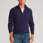 Men's cable knit quarter-zip mock neck sweater with long sleeves