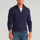 Men's cable knit quarter-zip mock neck sweater with long sleeves