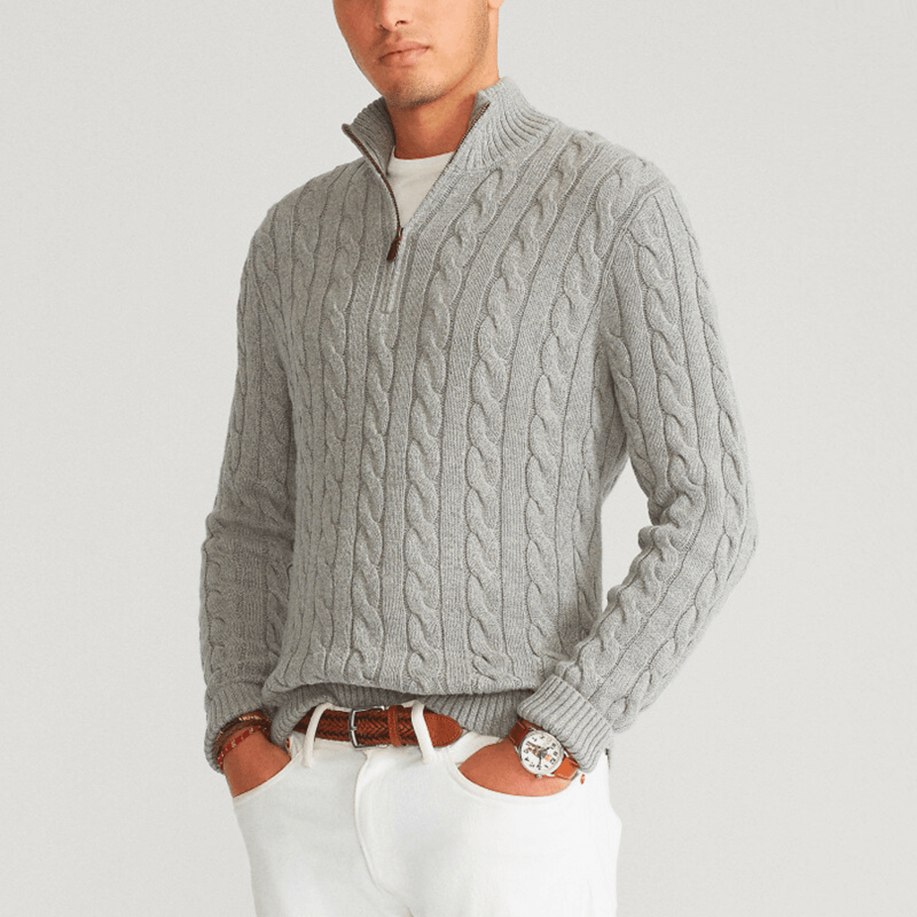 Men's cable knit quarter-zip mock neck sweater with long sleeves