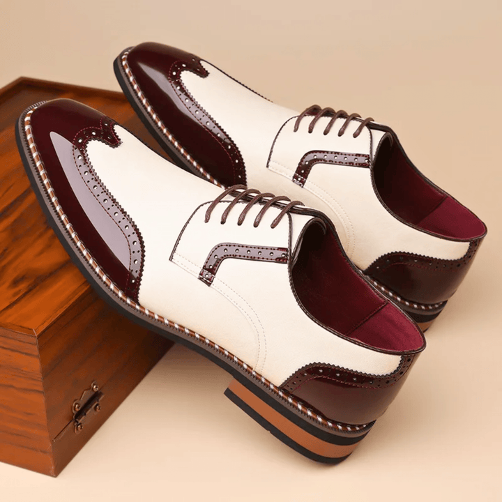 Men's brogue dress shoe with pointed toe, lace-up front and perforated panels