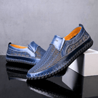 Woven slip-on loafers with moc toe and contrast stitched sole