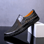 Woven slip-on loafers with moc toe and contrast stitched sole
