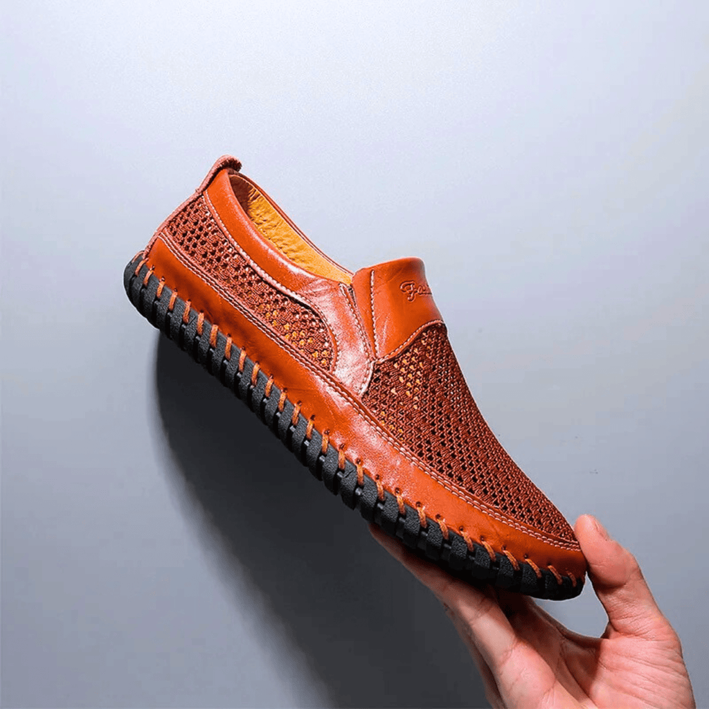 Woven slip-on loafers with moc toe and contrast stitched sole