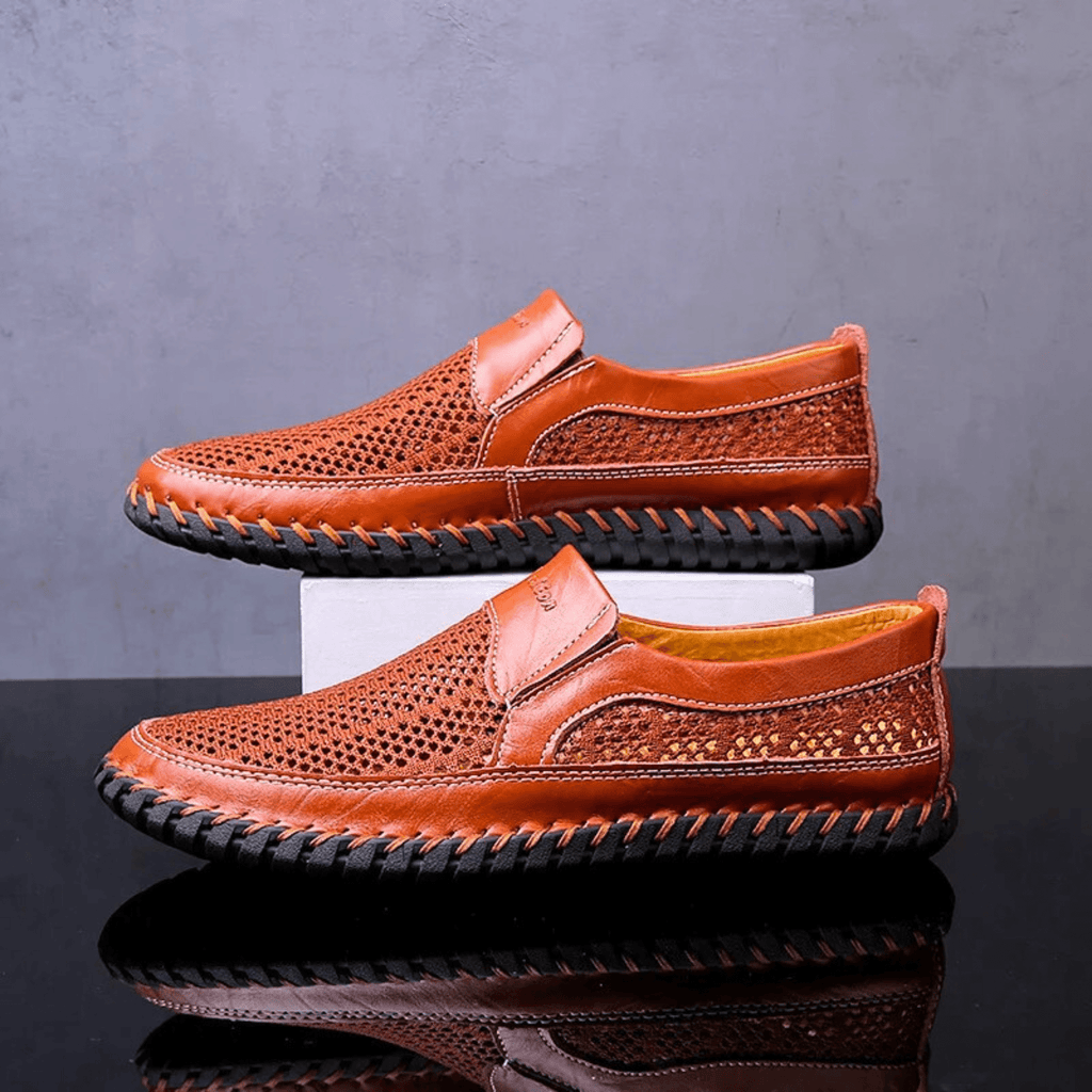 Woven slip-on loafers with moc toe and contrast stitched sole
