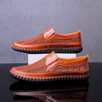 Woven slip-on loafers with moc toe and contrast stitched sole