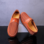 Woven slip-on loafers with moc toe and contrast stitched sole