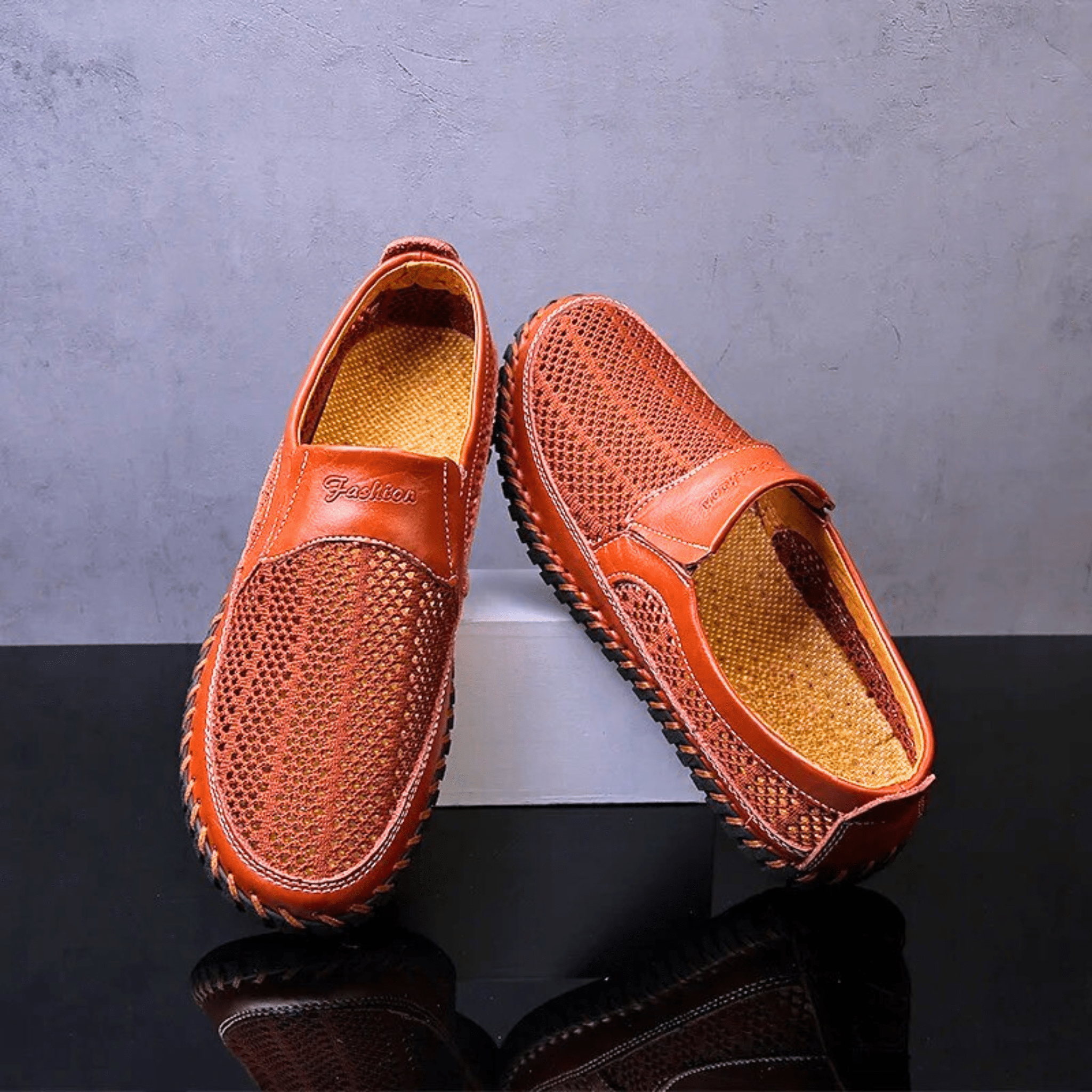 Woven slip-on loafers with moc toe and contrast stitched sole