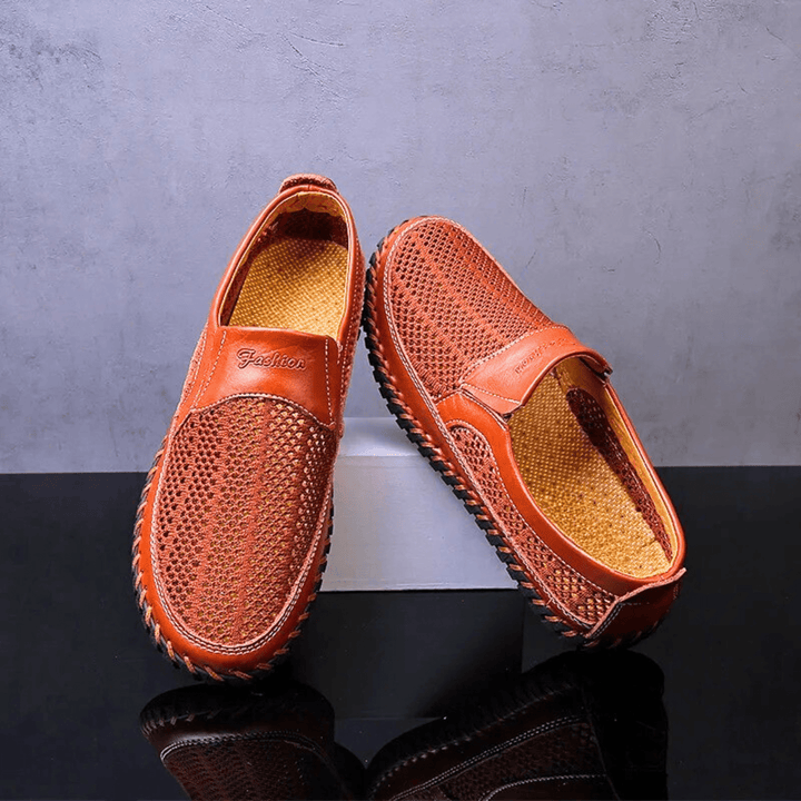 Woven slip-on loafers with moc toe and contrast stitched sole