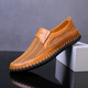 Woven slip-on loafers with moc toe and contrast stitched sole