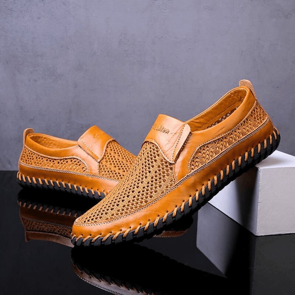 Woven slip-on loafers with moc toe and contrast stitched sole