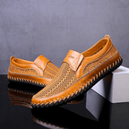 Woven slip-on loafers with moc toe and contrast stitched sole