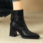 Women's pointed toe ankle boots with high block heel and hanging tassel detail