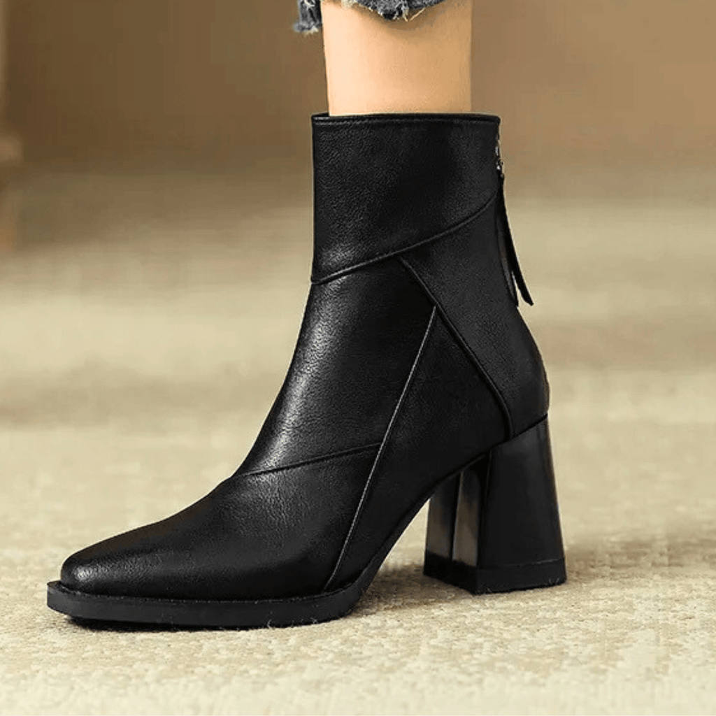 Women's pointed toe ankle boots with high block heel and hanging tassel detail