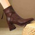 Women's pointed toe ankle boots with high block heel and hanging tassel detail