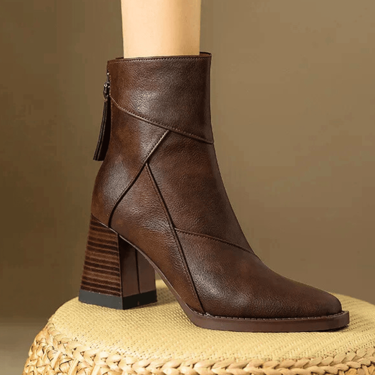 Women's pointed toe ankle boots with high block heel and hanging tassel detail