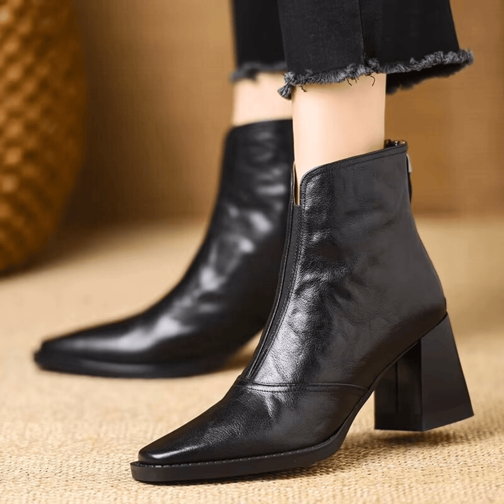 Women's ankle boots with a square toe and mid block heel