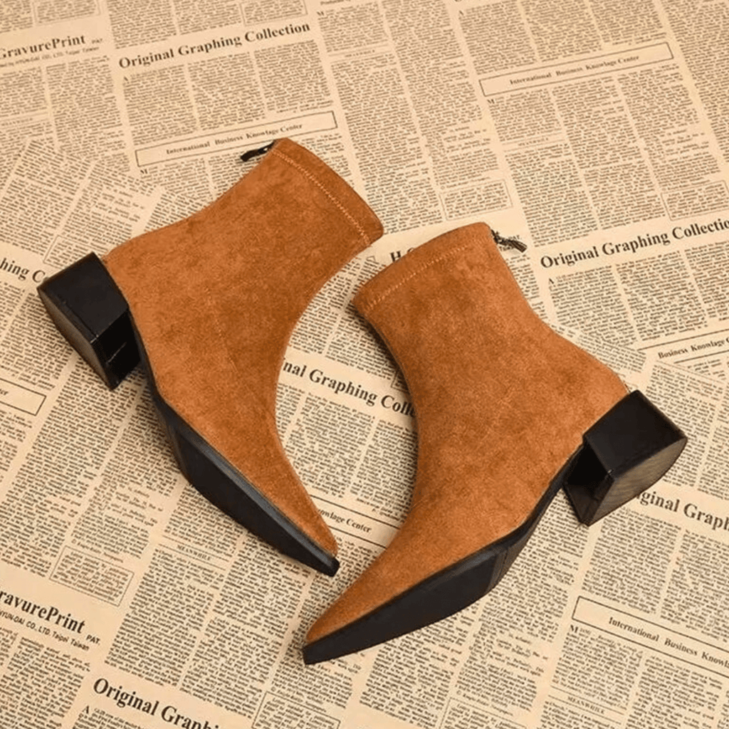 Women's pointed-toe ankle boots with a block heel and side zip