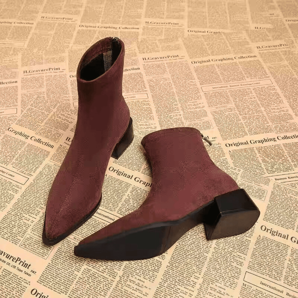 Women's pointed-toe ankle boots with a block heel and side zip