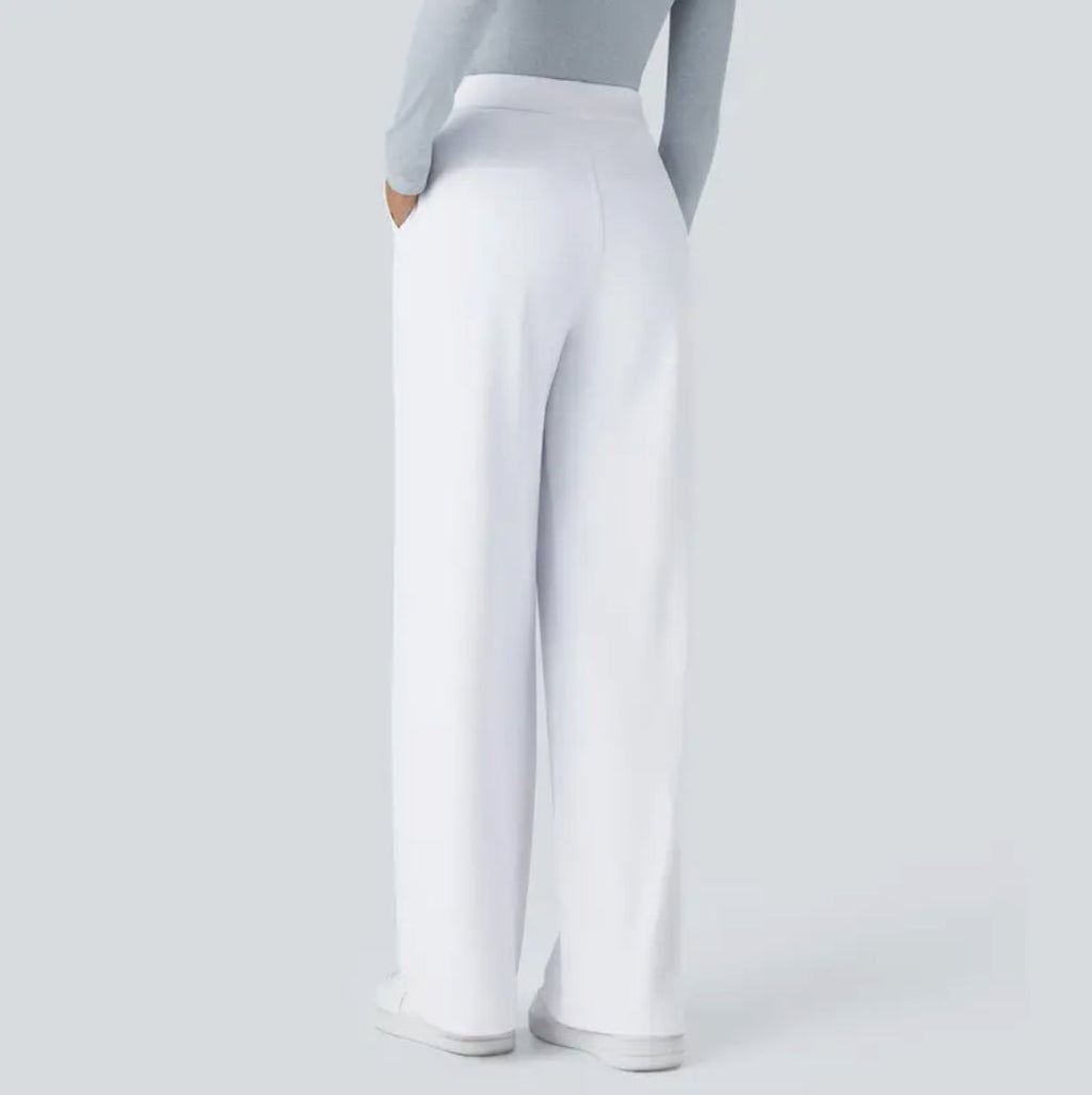 Women's high-waisted wide-leg trousers shown in multiple colours