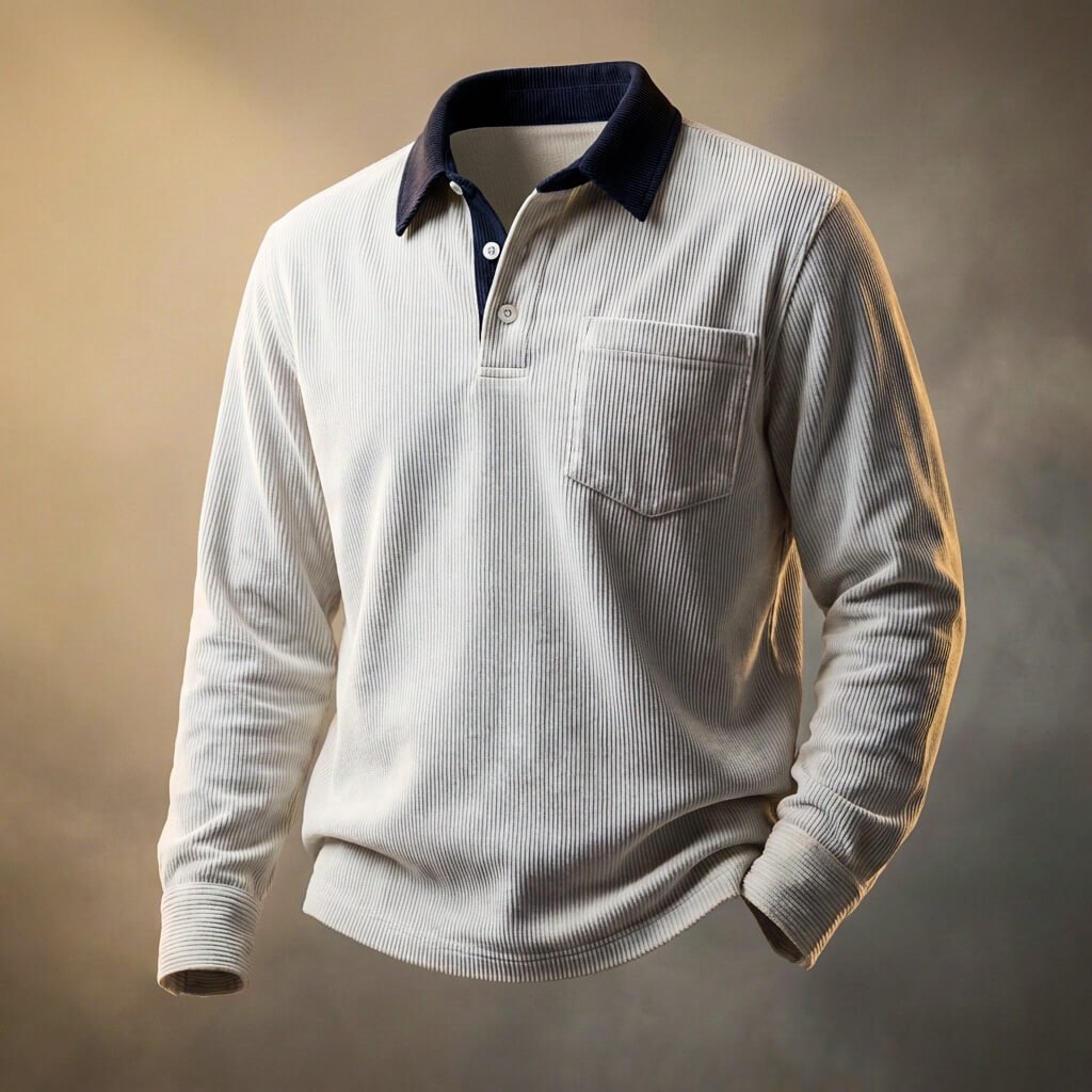 Men's long sleeve textured polo shirt with chest pocket