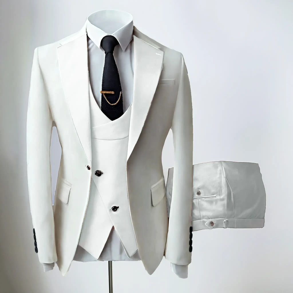 Men's three-piece slim fit suit with notched lapel jacket, waistcoat and trousers