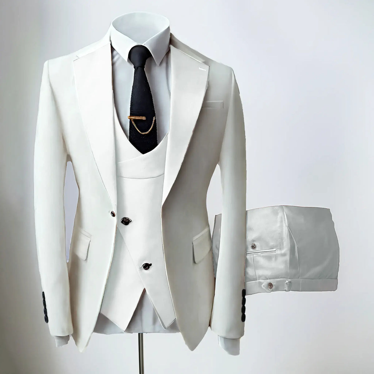 Men's three-piece slim fit suit with notched lapel jacket, waistcoat and trousers