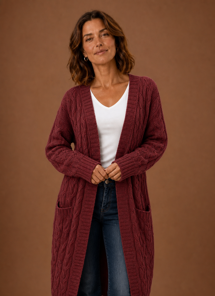 Women's long textured cable knit cardigan with open front and front pockets