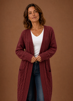 Women's long textured cable knit cardigan with open front and front pockets