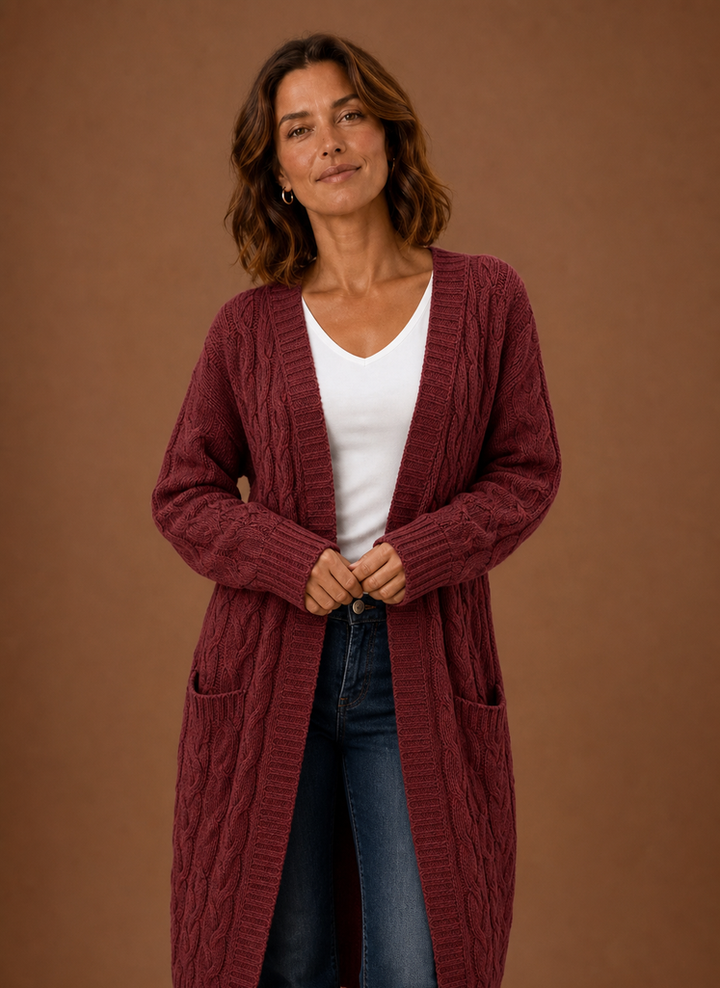 Women's long textured cable knit cardigan with open front and front pockets