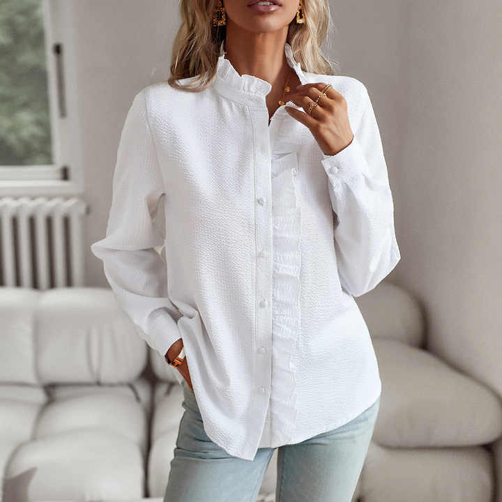 Women's long-sleeve blouse with ruffle neckline and front panel