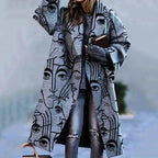 Women's oversized long coat with lapels, button front and checked colour-block design