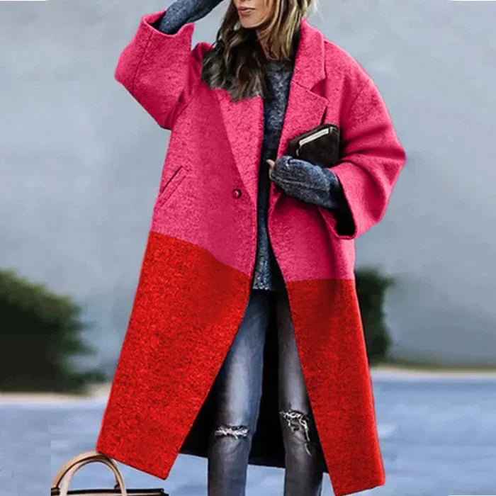Women's oversized long coat with lapels, button front and checked colour-block design