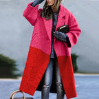 Women's oversized long coat with lapels, button front and checked colour-block design