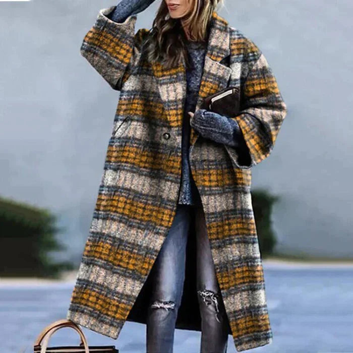 Women's oversized long coat with lapels, button front and checked colour-block design