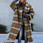Women's oversized long coat with lapels, button front and checked colour-block design